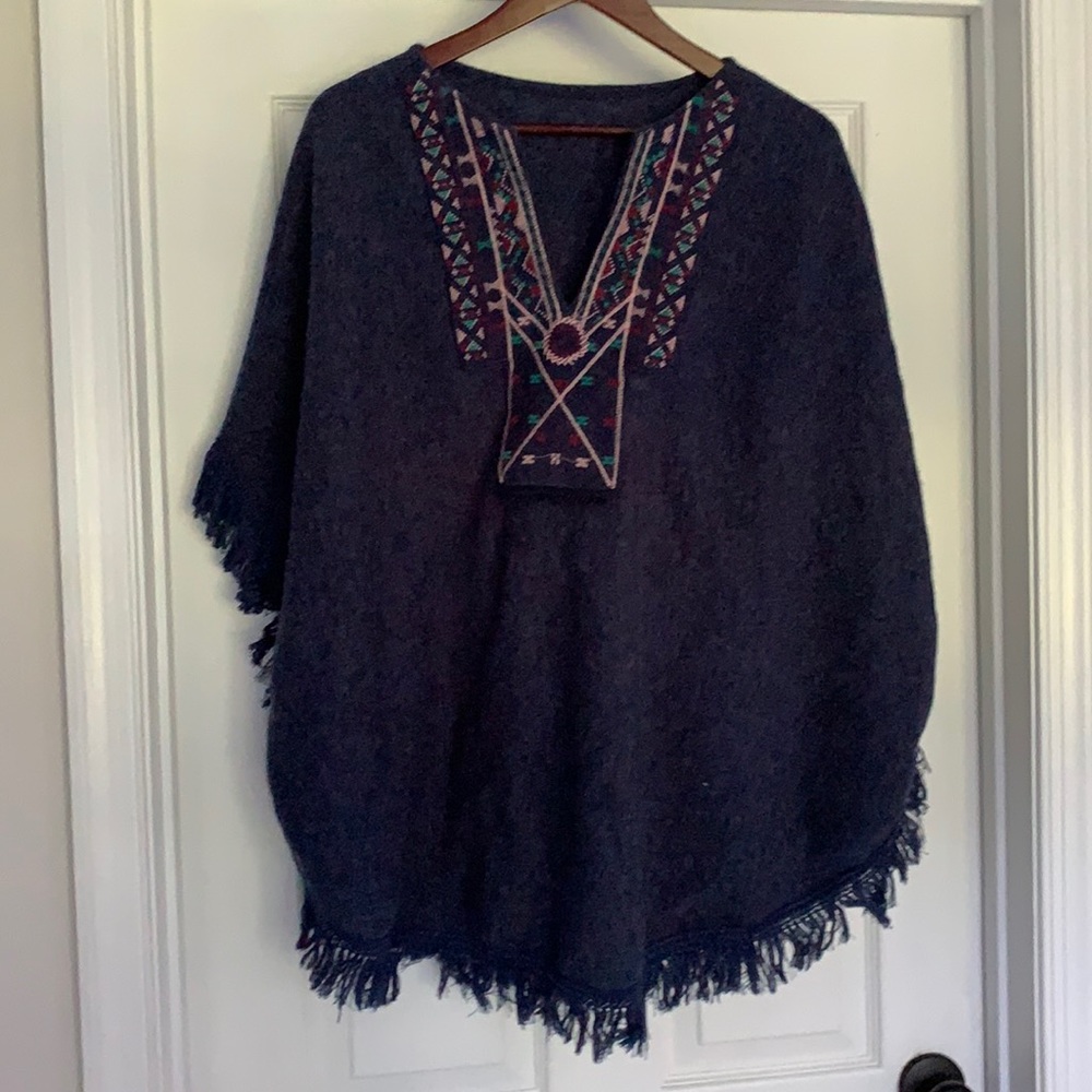 Dark Blue Poncho with embroidery